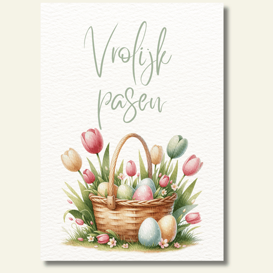 Mandje met paaseieren & tulpen