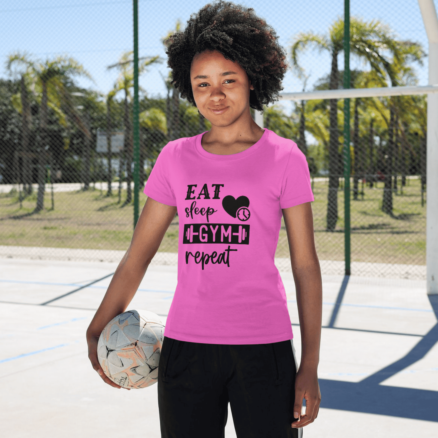 T-shirt vrouw met quote - Eat sleep gym repeat