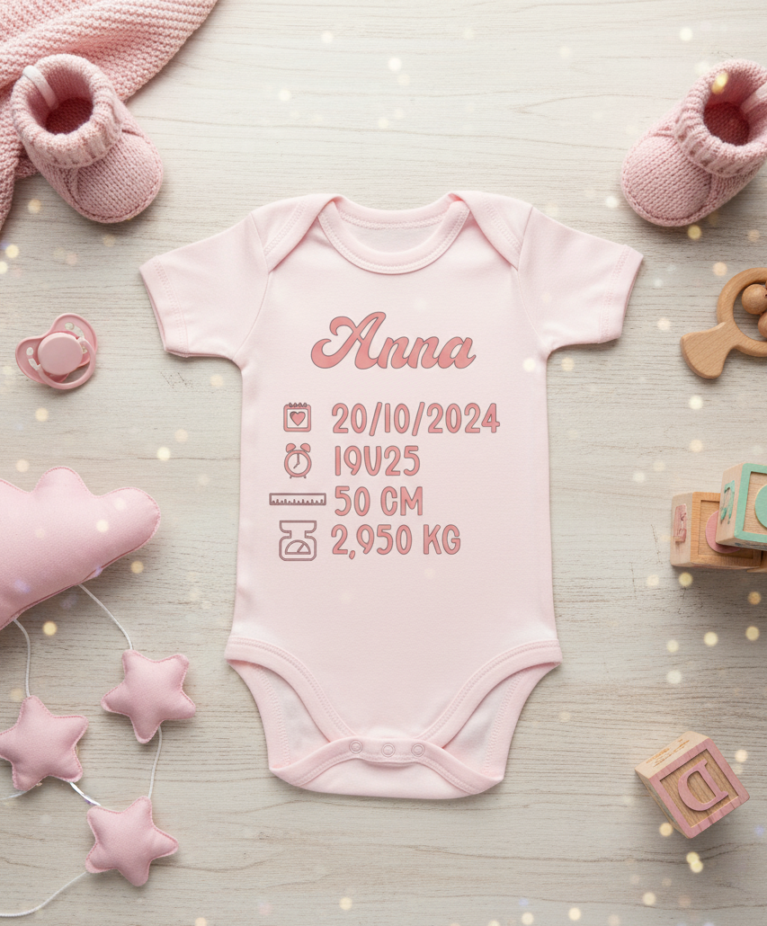 Babyromper met geboortegegevens | een uniek aandenken aan die eerste, magische momenten
